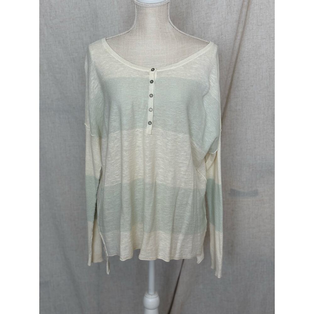 Free People Beach Sweater Oversized Striped White Mint Linen Blend Size XS